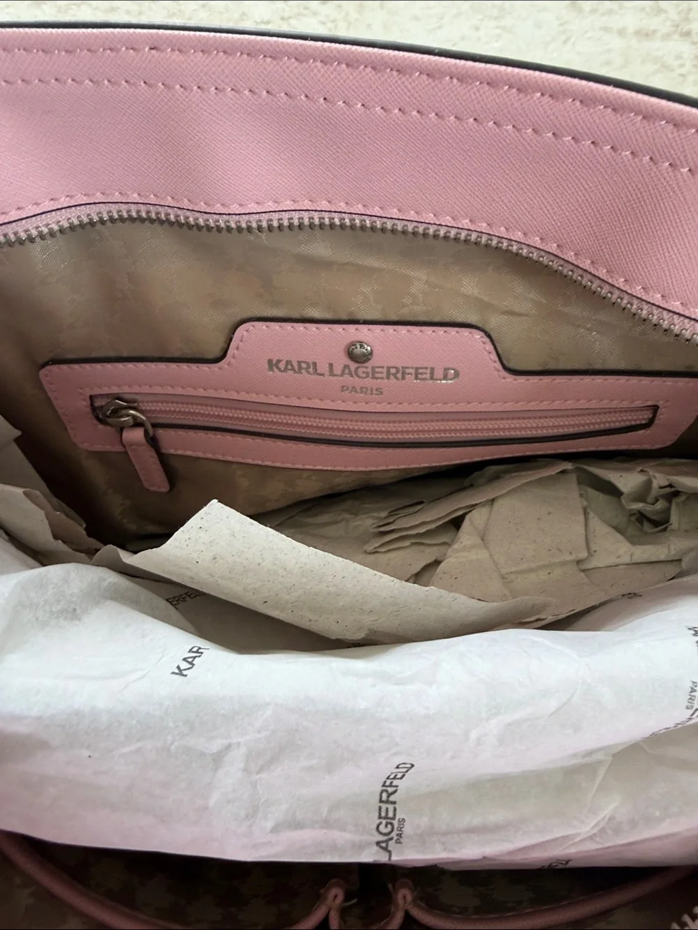 Karl Lagerfeld Paris Beige Monogram Adele Tote with Pink Coin Pouch